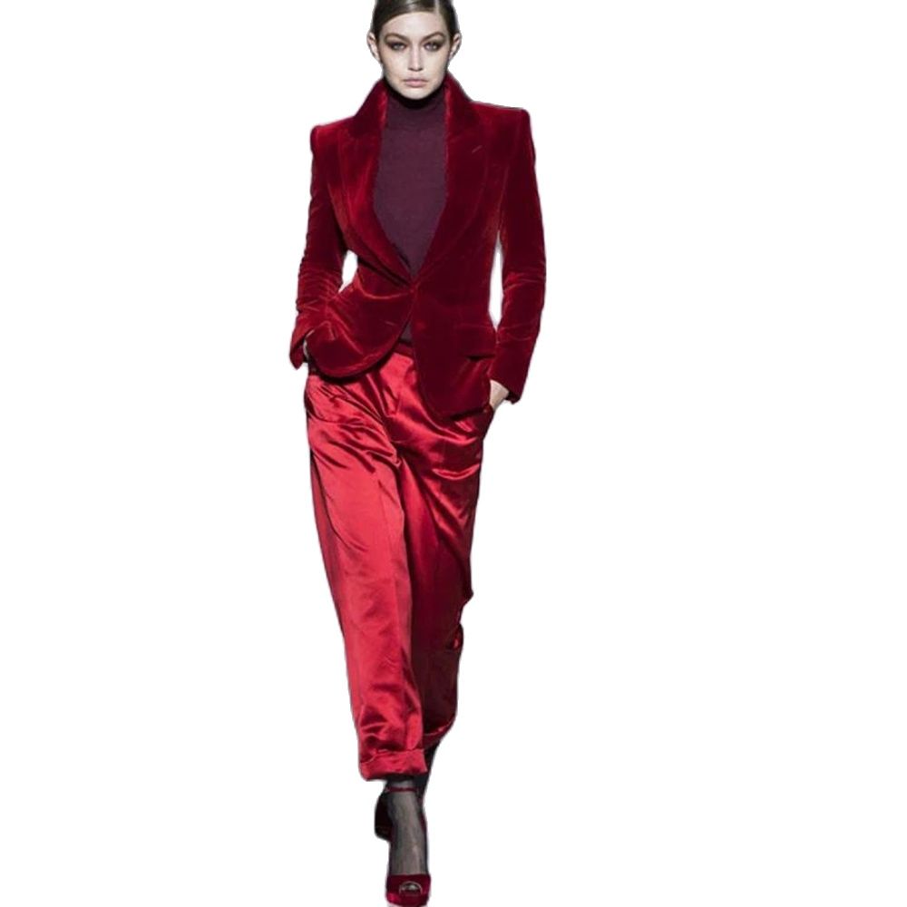 Women'S Office Formal Wear For Ladies - Women Pant Suits Wine Red Velvet