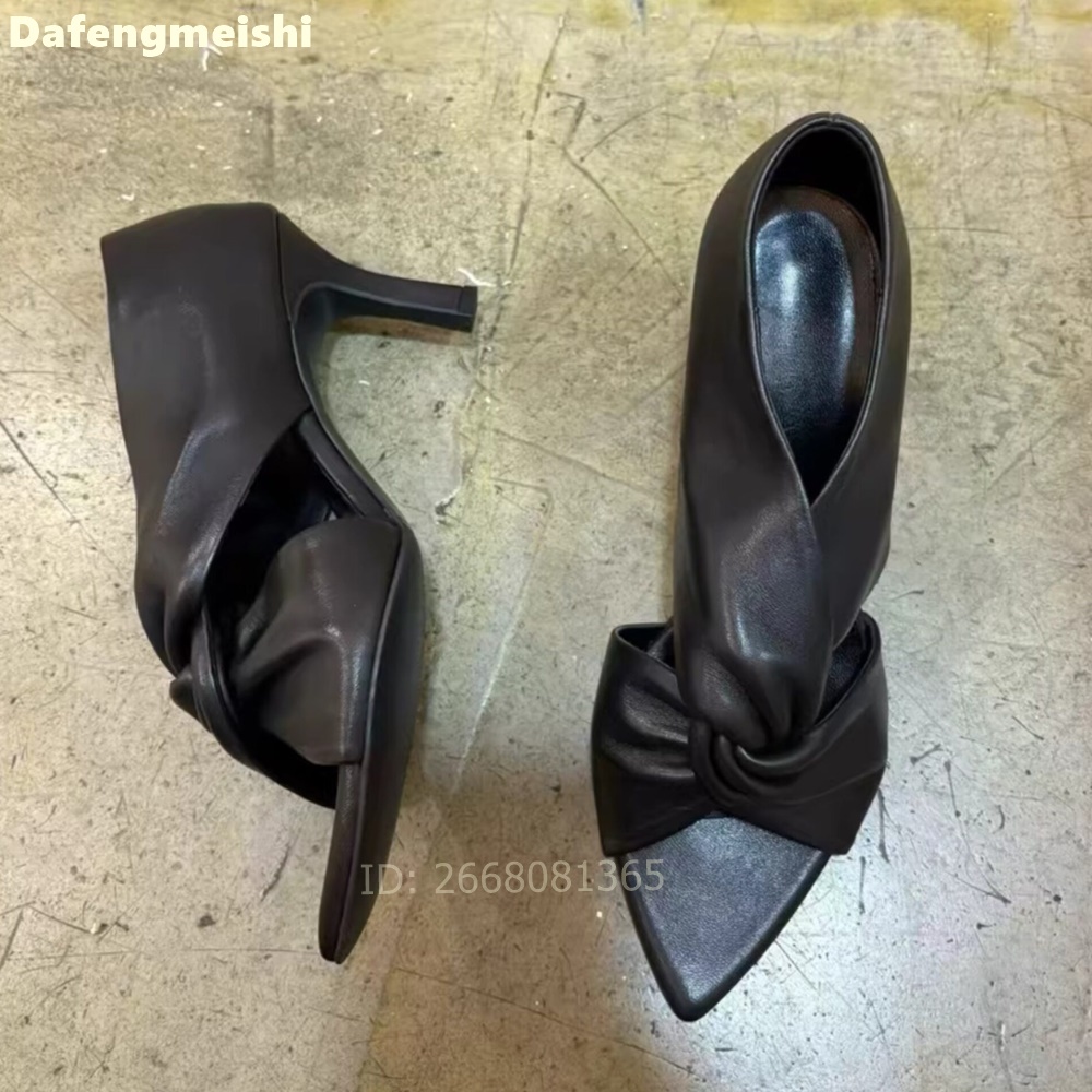 Women Black Leather Twisted Kn - Kitten Heel Women reseña y precio
